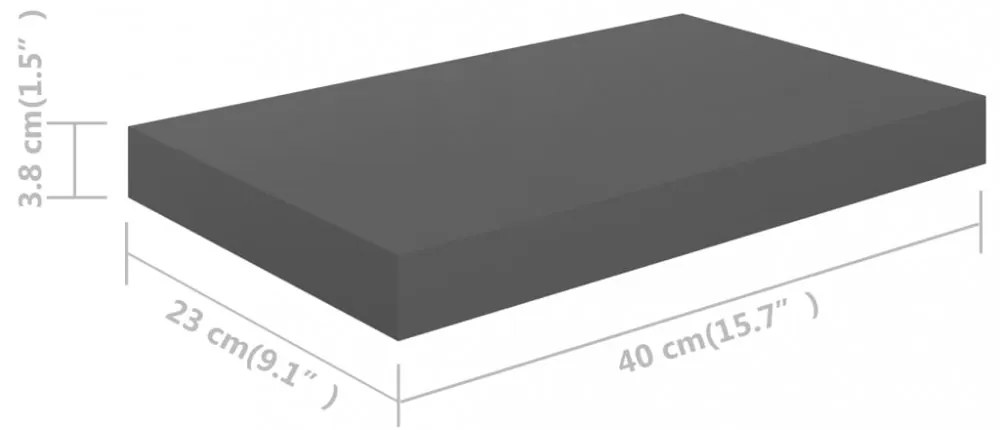 4 db magasfényű szürke MDF lebegő fali polc 40 x 23 x 3,8 cm