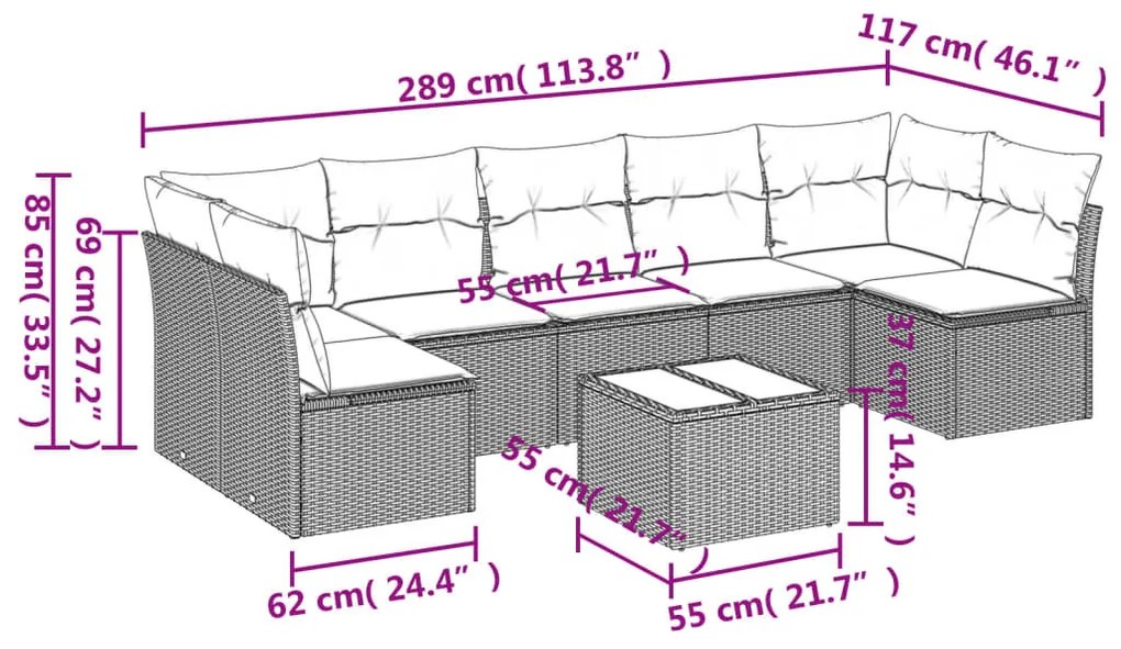 8 részes fekete polyrattan kerti ülőgarnitúra párnákkal