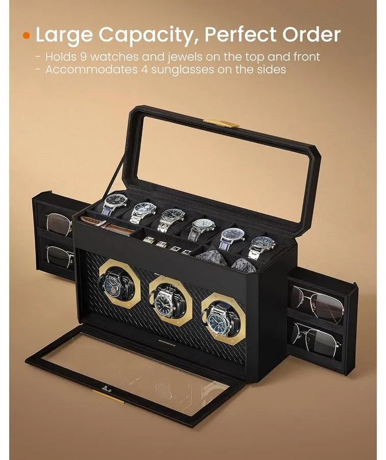 Óradoboz, függőleges óravitrin üvegablakkal, állítható óratartók, fekete