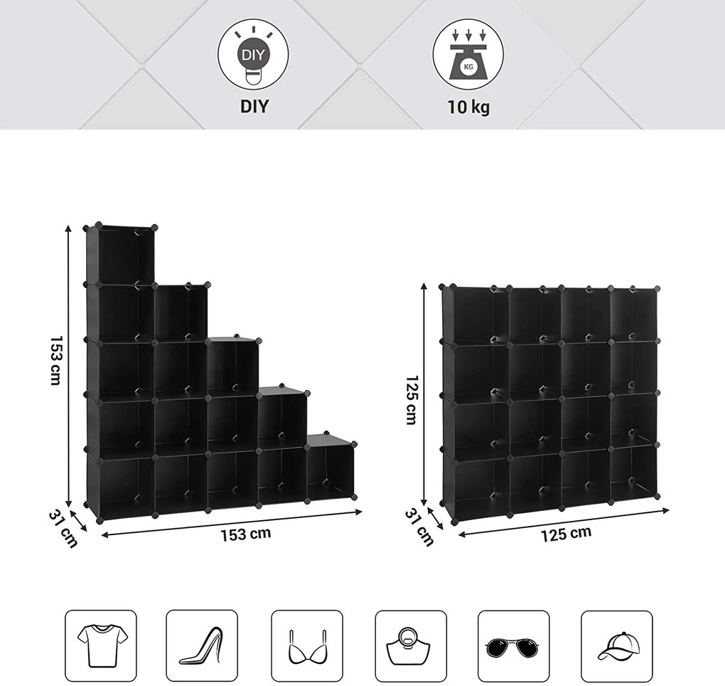 15 kockás tárolóegység, műanyag cipőtartó, fekete