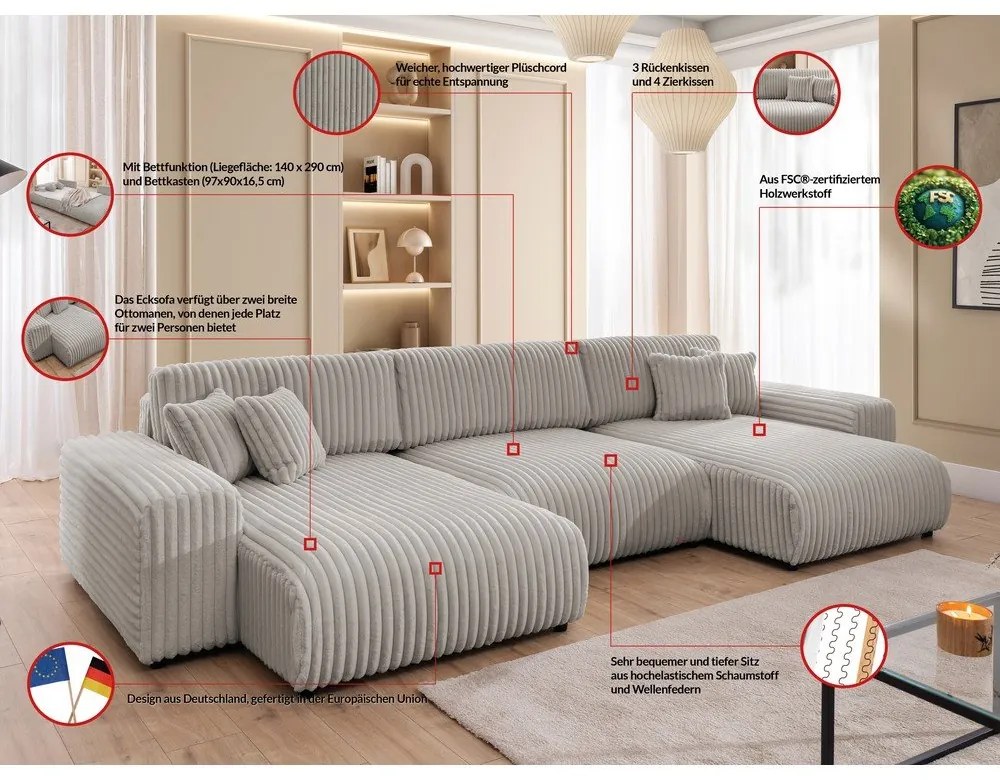 Világosszürke kordbársony kinyitható-tárolóhelyes (U alakú) sarokkanapé Sarina – Ropez