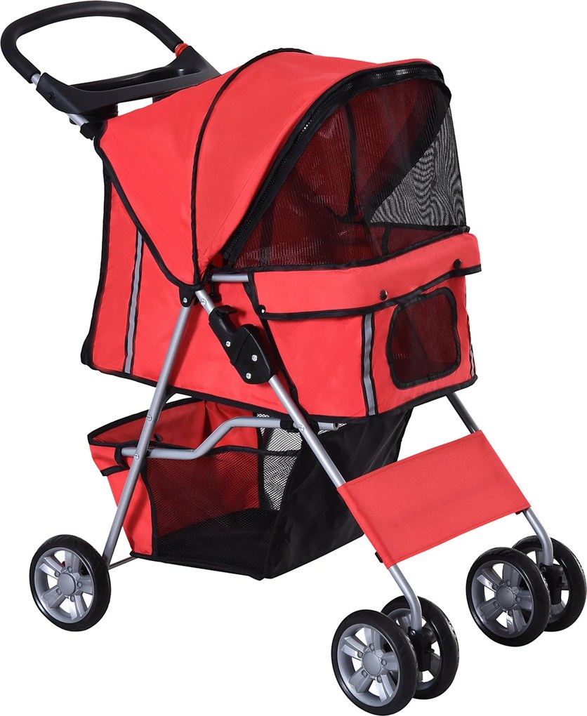 PawHut Kutyakocsi, Összecsukható Háziállat Kocsi Kisméretű Kutyák és Miniatűr Kutyák számára, Macska Kocsi Tárolókosárral, Kupa Tartóval, Hálós Ablako