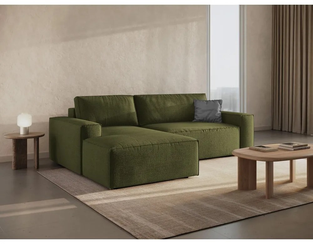 Sötétzöld buklé kinyitható sarokkanapé (bal oldali) Jodie – Micadoni Home