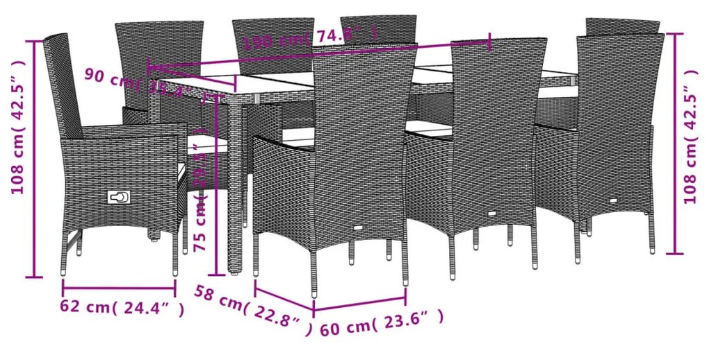 9 részes bézs polyrattan kerti étkezőgarnitúra párnákkal