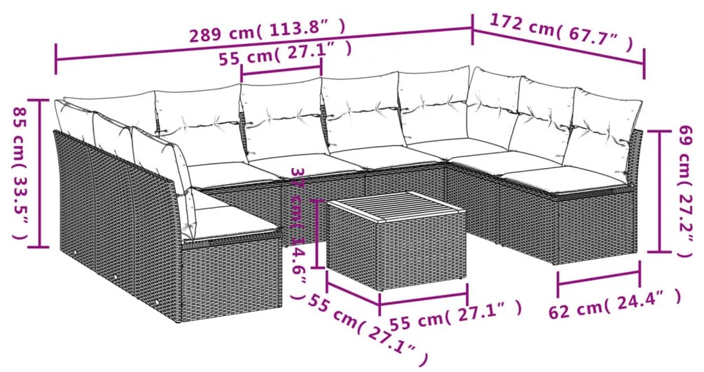 10 részes szürke polyrattan kerti ülőgarnitúra párnákkal