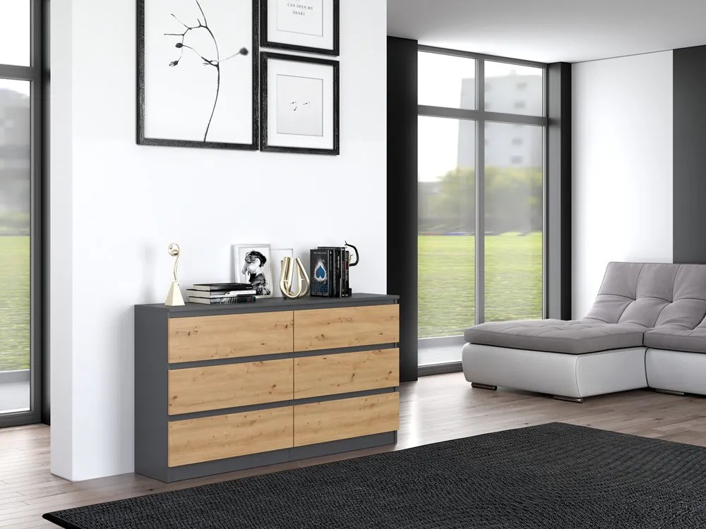 Riano MIX M6 140 2x3 fiókos szekrény, 138x75x40 cm, antracit-tölgy