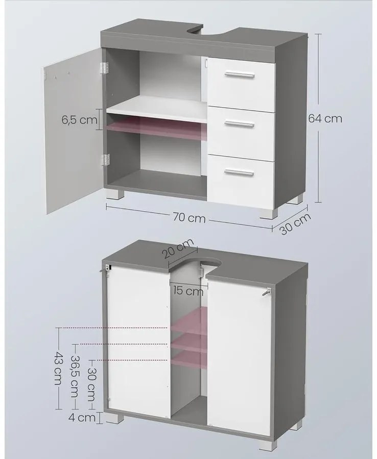Mosdó alatti szekrény, fürdőszobai szekrény 30 × 70 × 64 cm，fehér–szürke