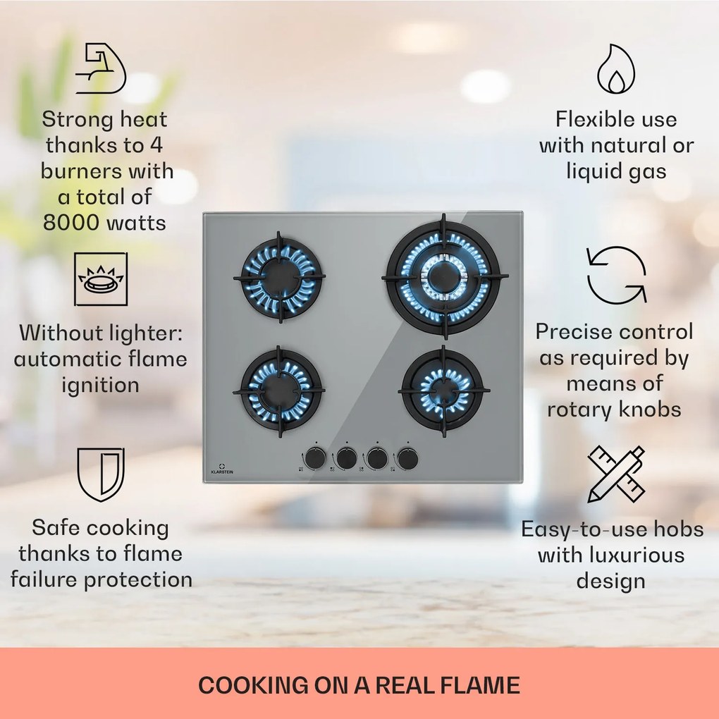 Klarstein Firetale, gázfőzőlap, 4 égő, alumínium égők, tömlővel és redukáló szeleppel