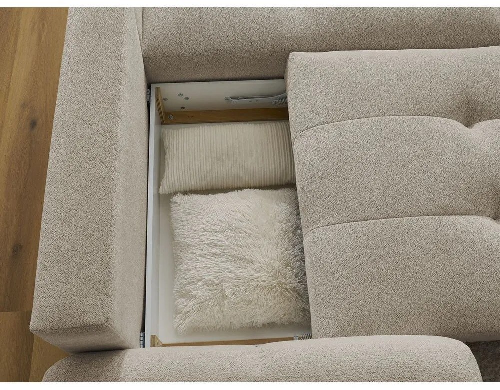 Bézs zsenília kinyitható-tárolóhelyes sarokkanapé (jobb oldali-heverő résszel) Roxelane – Bobochic Paris