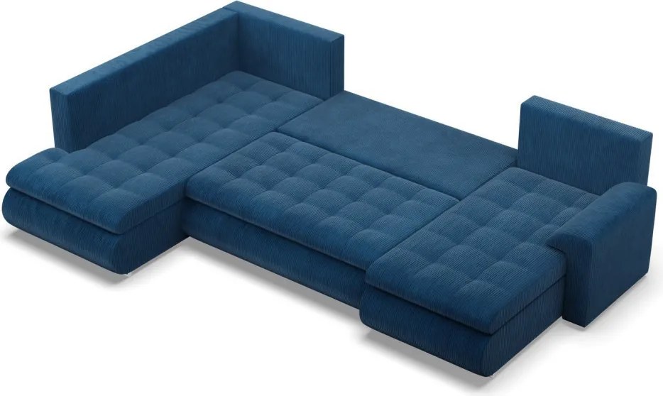 Tokio U sarokkanapé, 3 ágyneműtartóval, kordbársony, baloldali, kék