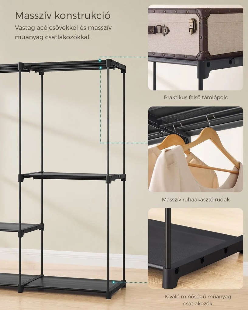 DRESSIO nyitott ruhásszekrény polcokkal, 205x43x166 cm, fekete SongmicsHome