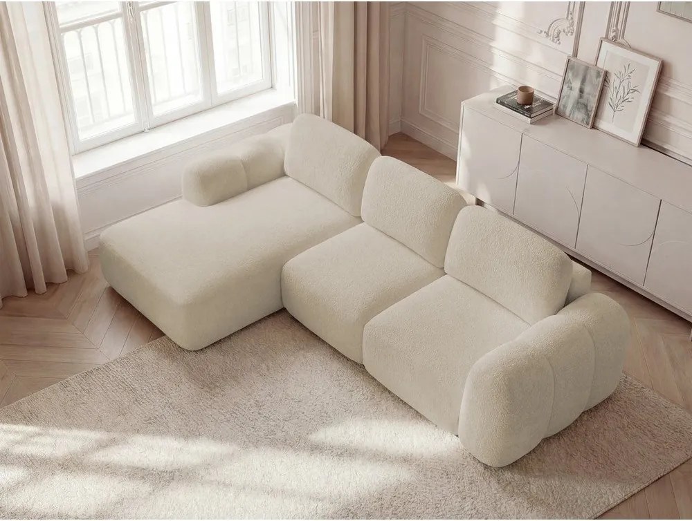 Bézs buklé kinyitható-tárolóhelyes sarokkanapé (bal oldali-heverő résszel) Montaigne – Bobochic Paris