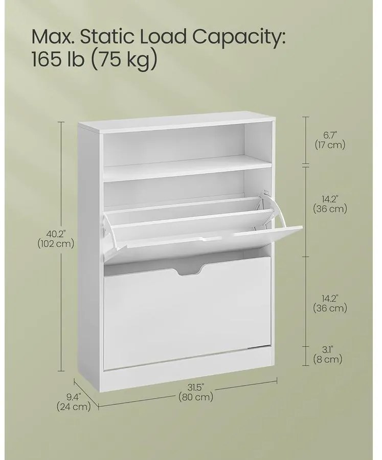 Cipősszekrény 2 billenőajtóval, 3 szintes cipőtartó, 24 x 80 x 102 cm, felhőfehér