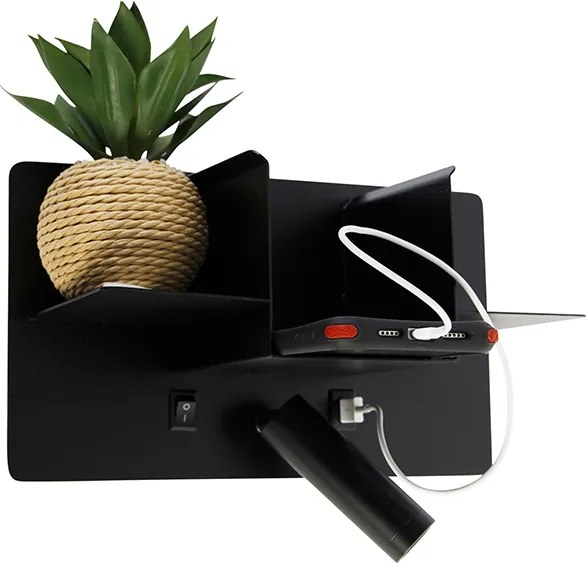 Modern fali lámpa fekete, LED-del és USB-vel - Thijs