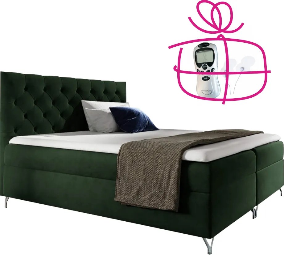 Boxspring ágy, 160x200, zöld Velvet szövet, GULIETTE + ajándék