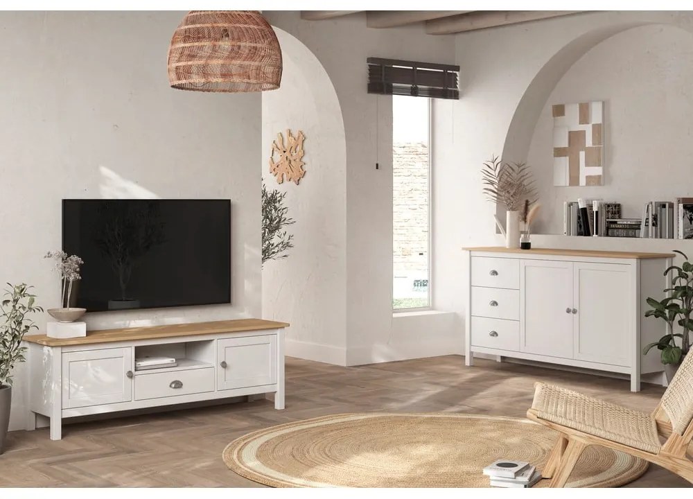 Fehér-natúr színű borovi fenyő alacsony komód 150x80,5 cm Misti – Marckeric