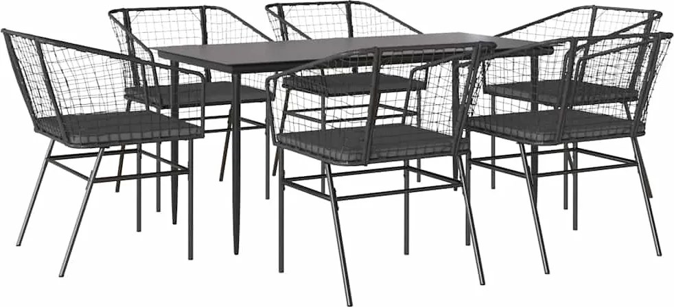 vidaXL 7 részes fekete polyrattan üveg kerti étkezőgarnitúra párnákkal