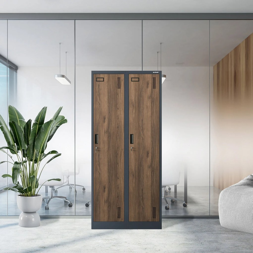 Pléh öltözőszekrény talpazaton, kétmodulos, polccal és köztes fallal KACPER, 800 x 1800 x 500 mm, Eco Design: antracit/ dió