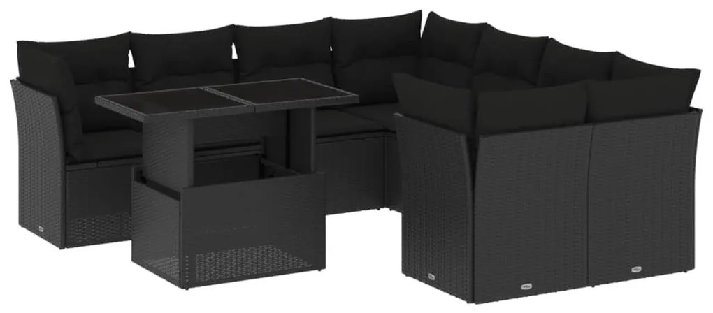 9 részes fekete polyrattan kerti ülőgarnitúra párnákkal