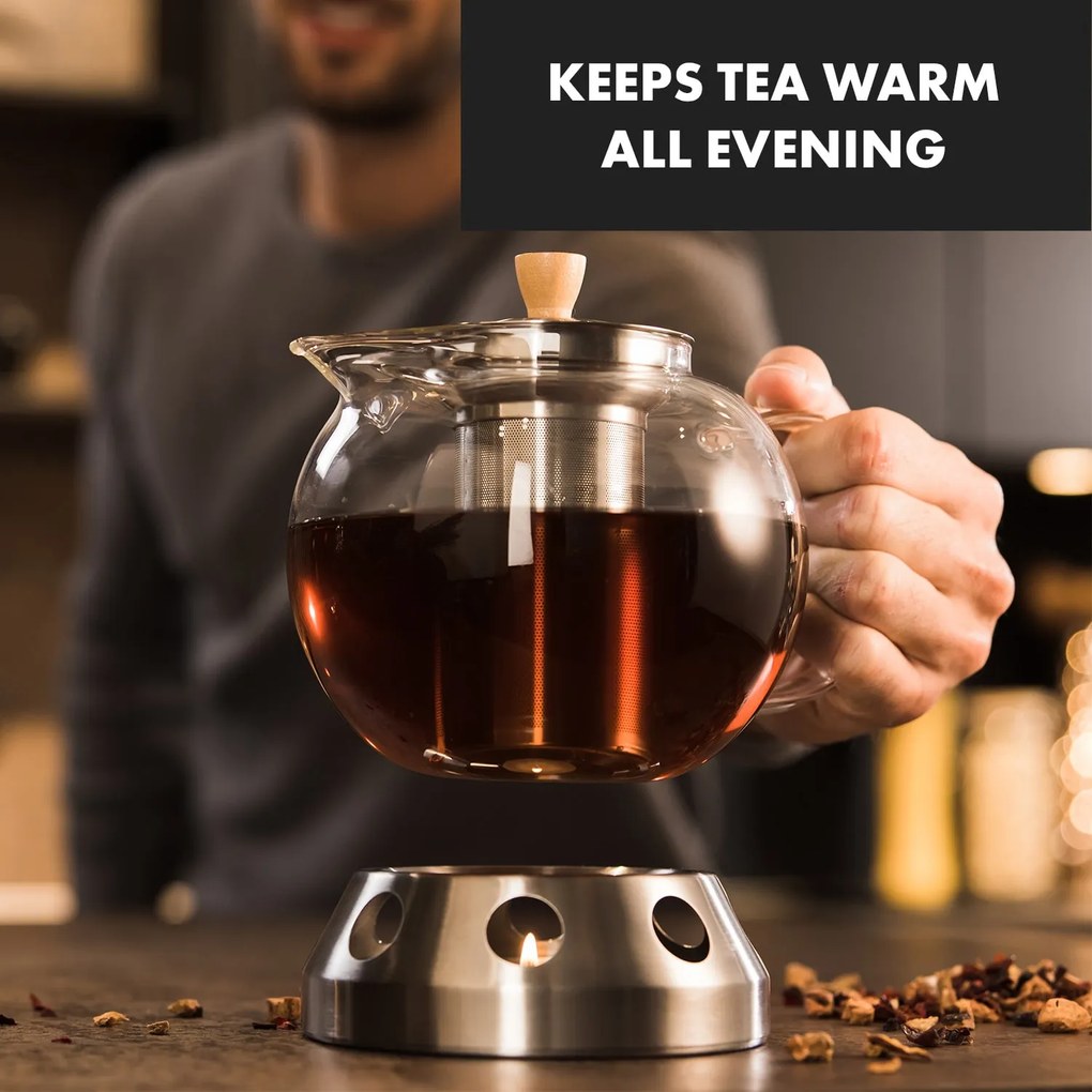 Klarstein Sencha, formatervezett teáskancsó, melegítővel, 1,3 L, Hibiscus rozsdamentes acélból, szűrő