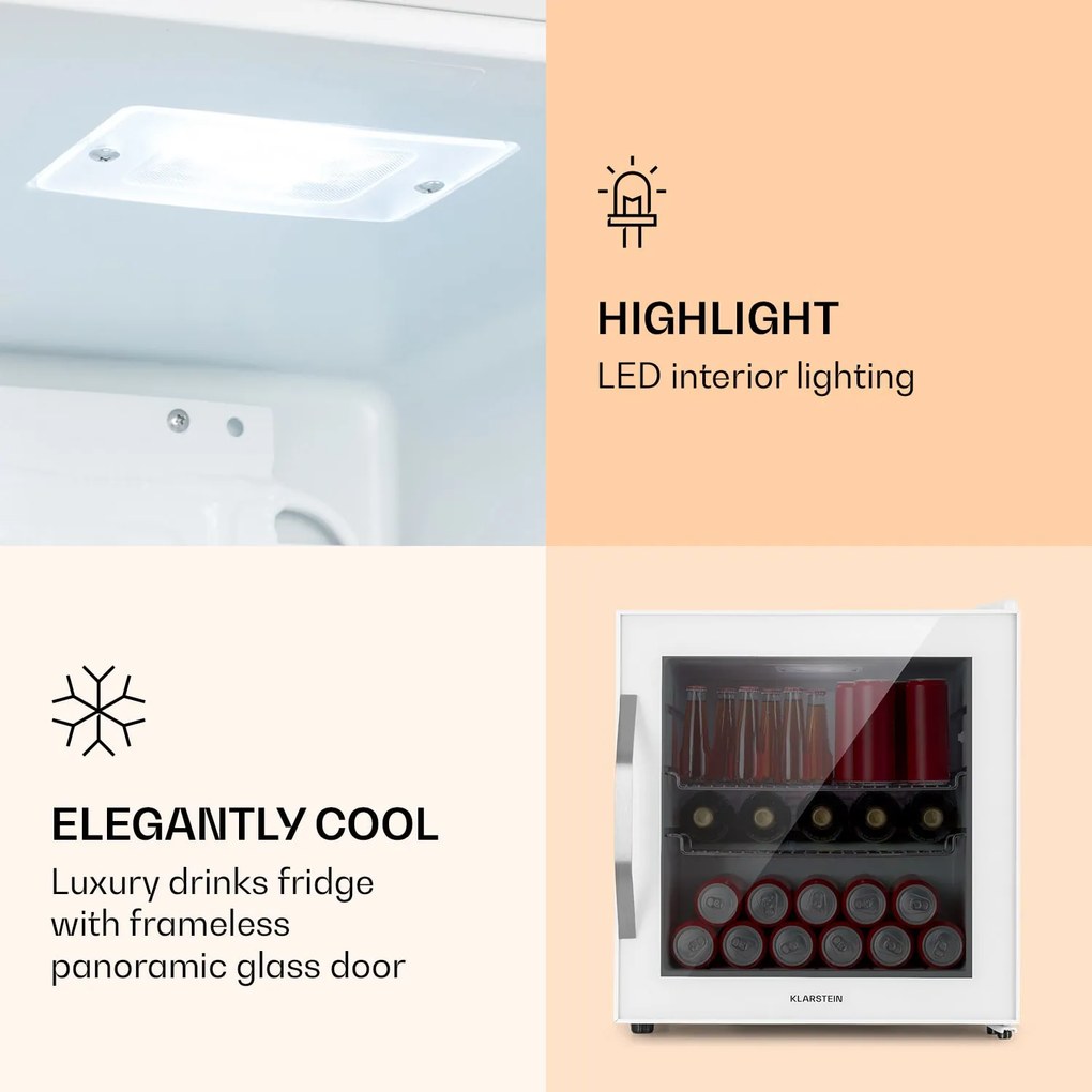 Klarstein Beersafe L Quartz, hűtőszekrény, 47 liter, 2 polc, panoráma üvegajtó, fehér