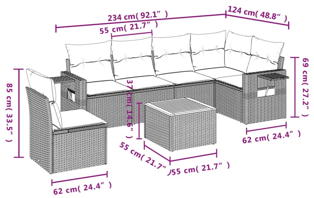 7 részes fekete polyrattan kerti ülőgarnitúra párnával