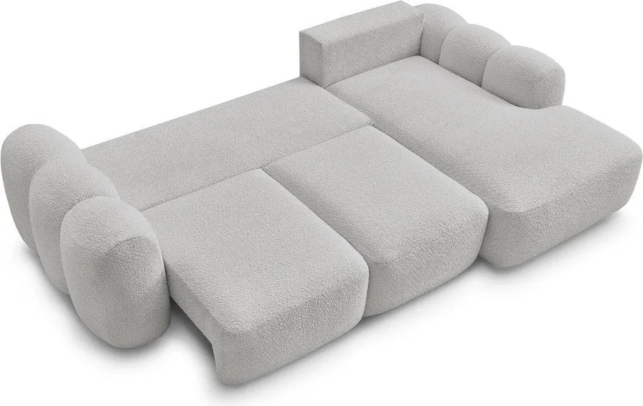 Világosszürke buklé kinyitható-tárolóhelyes sarokkanapé (jobb oldali-heverő résszel) Montaigne – Bobochic Paris