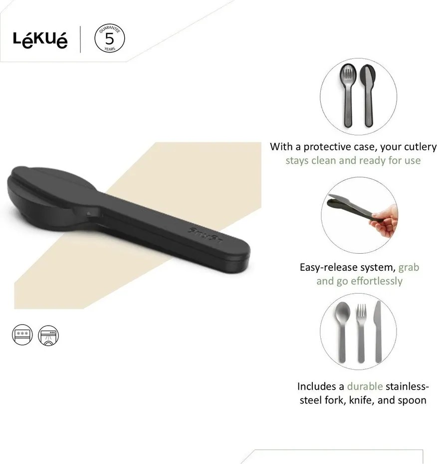 Fekete-ezüstszínű rozsdamentes acél utazó evőeszköz készlet 3 db-os To Go – Lékué