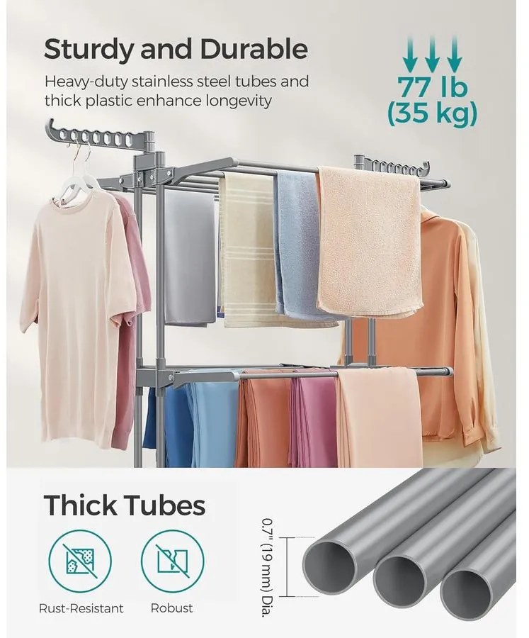 összecsukható 4 szintes ruhaszárító állvány, mozgatható, 64 x 126 x 172 cm, rozsdamentes acél, lehajtható szárnyakkal, szürke