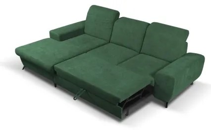 ALTA L-alakú, balos, kihúzható kárpitozott sarokgarnitúra tárolóval, zöld