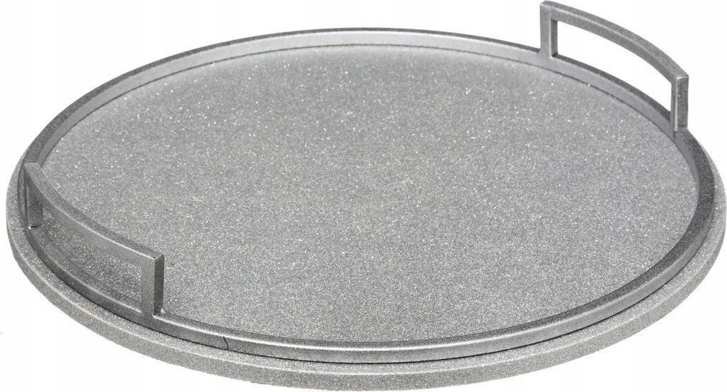 Ezüst Tálca Kerek Fogantyúkkal Csillámos Tálaló Állvány Átm. 37 CM
