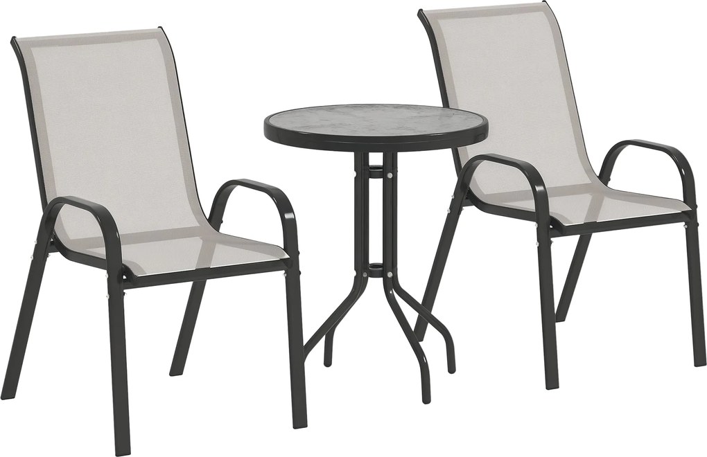 Outsunny 3 részes kerti ülőgarnitúra — 2 egymásra rakható fotel és kerek edzett üveg asztal, Textilene, teraszra, erkélyre, világosszürke | Aosom