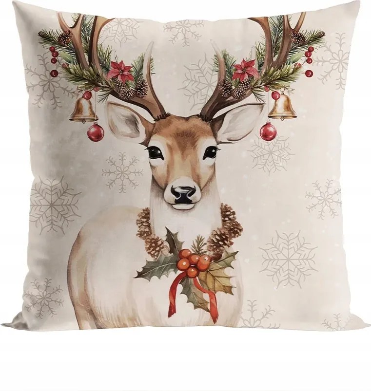 Vintage Szarvas Karácsonyi Párnahuzat Velvet 40x40cm bézs-zöld
