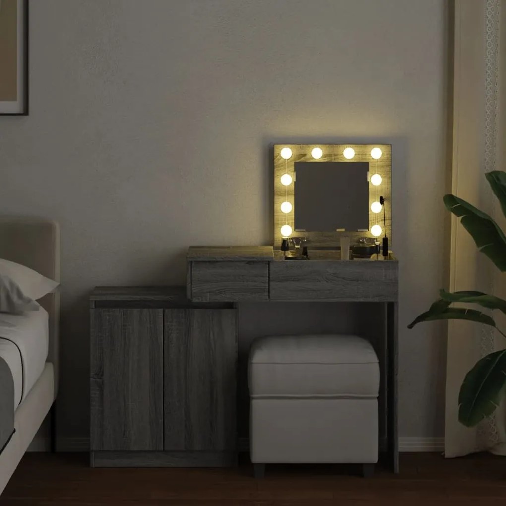 szürke sonoma LED-es fésülködőasztal 115 x 37 x 110,5 cm