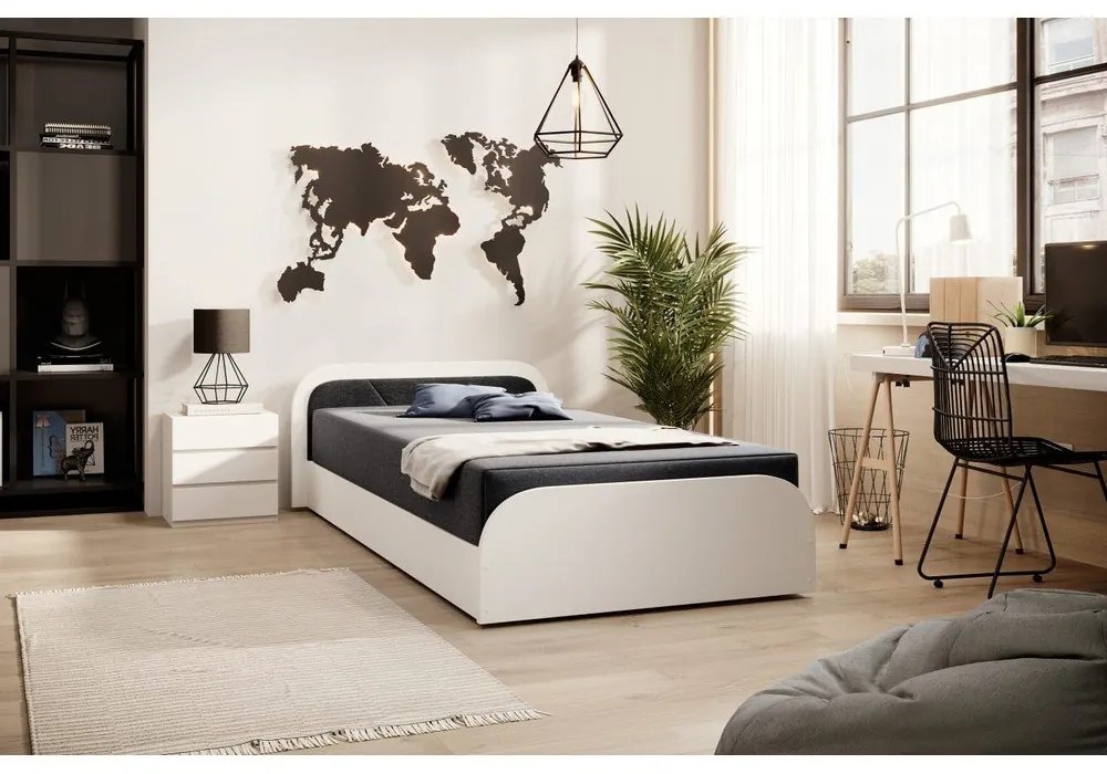 Fehér-sötétszürke kárpitozott-forgácslemez ágyneműtartós egyszemélyes ágy matraccal 80x190 cm Parys – ELTAP