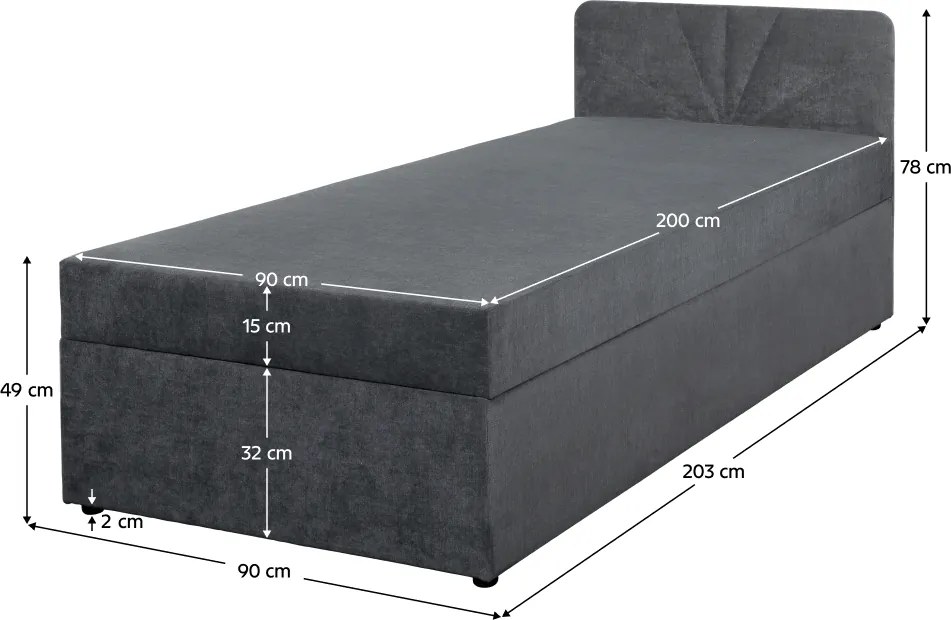 Boxspring ágy, egyszemélyes, szürke, 90x200, univerzális, SUPA
