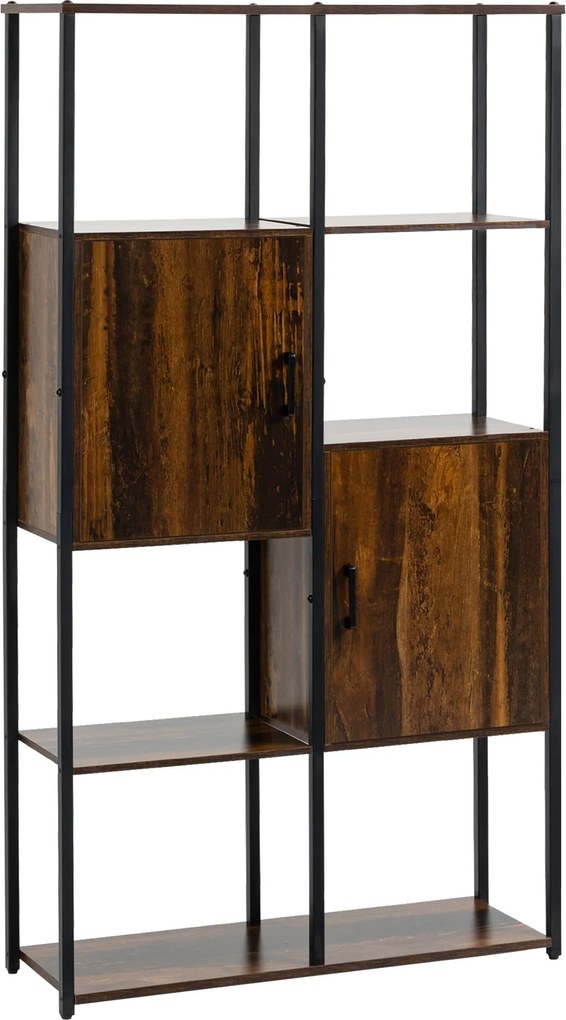 HOMCOM Modern Ipari Stílusú Könyvespolc 4 Polccal és 2 Szekrénnyel, Fém és Fa Polc otthonra és irodába, 90x30x159.5cm, Fekete és Rusztikus Barna | Aos