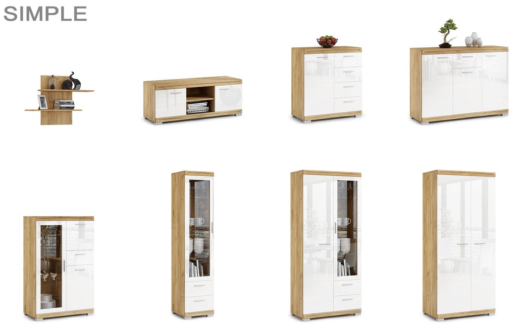 Mazzoni SIMPLE KWD2SZ2 magas komód Arany Tölgy/Fehér Fényes - VITRINES SZEKRÉNY NAPPALIBA KÖNYVESPOLC KOMÓD