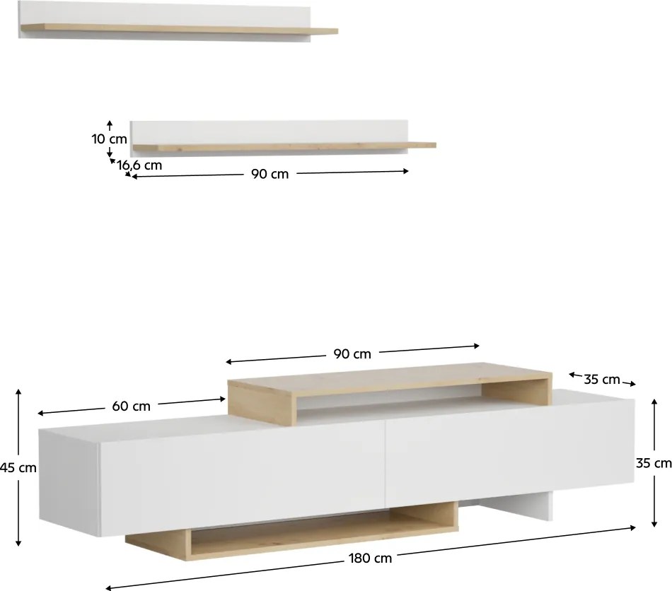 Nappali fal, fehér/artisan tölgy, MILONA