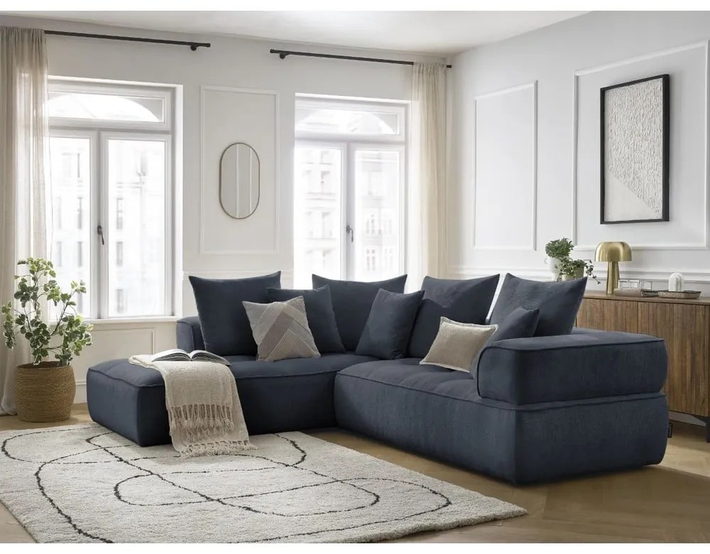 Sötétkék zsenília sarokkanapé (bal oldali-L alakú) Whesley – Bobochic Paris