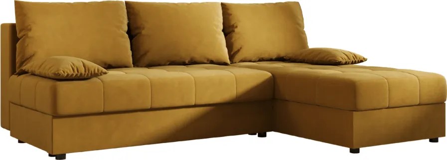 AKCIÓ Kihúzható, kétszemélyes, L-alakú kanapé VENORIA SLIM 200x143 cm, mustár + 2 párna INGYEN II. osztály