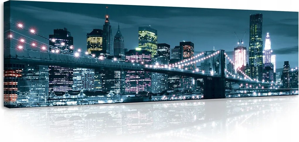 Vászonkép 145x45 New York éjszaka Brooklyn híd tükröződés víz városkép
