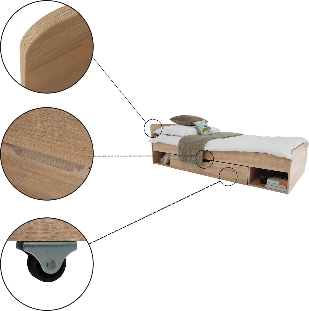 Egyszemélyes ágy 1S/90, sonoma tölgyfa, TEYO