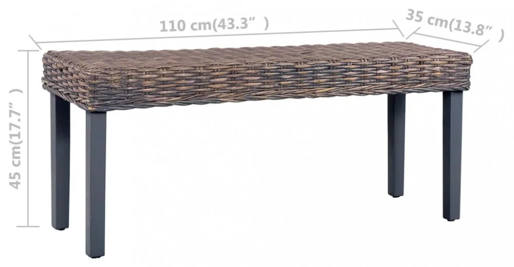 szürke természetes kubu rattan és tömör mahagóni fa pad 110 cm