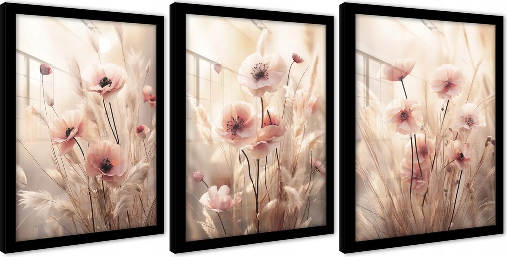 Poszterek Boho Fű Virágok A Falon Fekete Keretben Képek 3 Részes 43x99