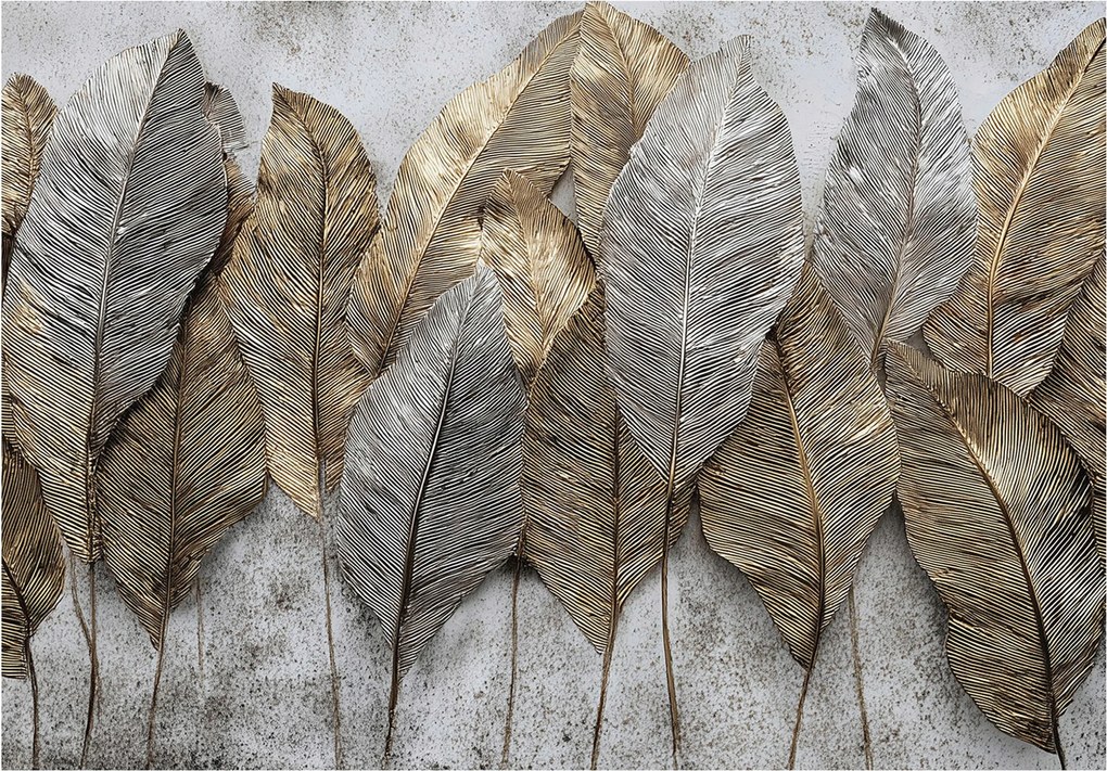 Fotótapéta Levelek Beton Arany Szürke Falra Hálószoba Nappali 300x210