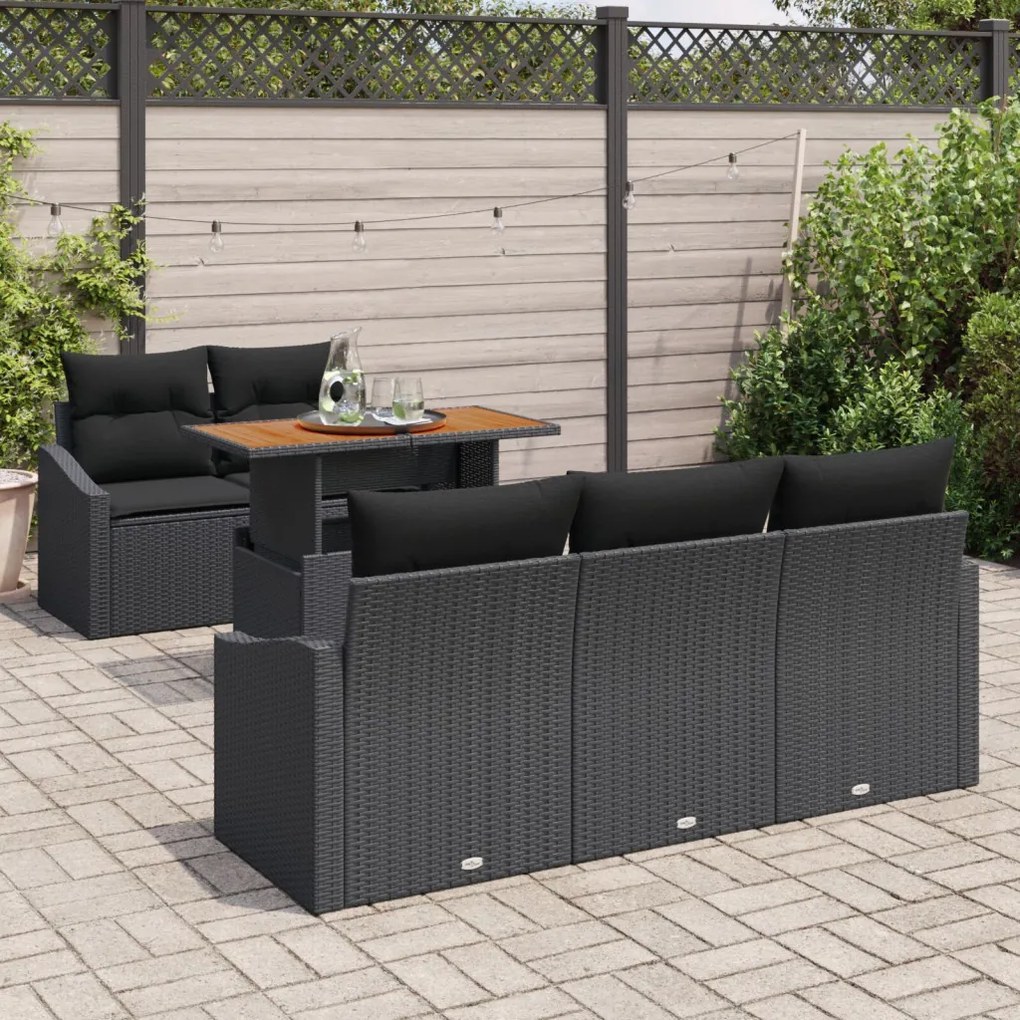 6 Darabos Kerti Étkező Szett Párnákkal Fekete Poly Rattan Akác