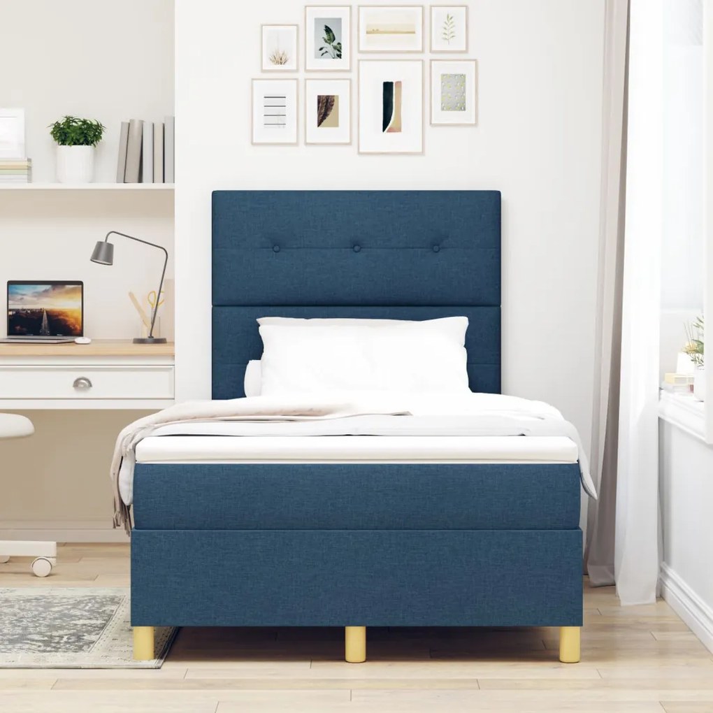 Kék Box Spring Ágy Matraccal Kis Kétszemélyes Szövet