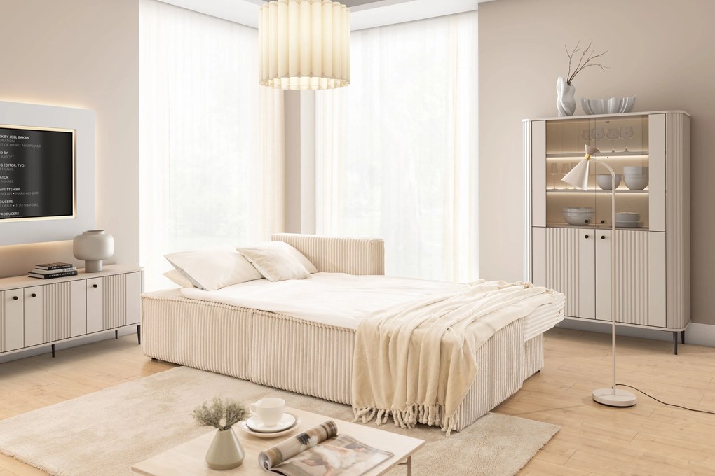 Solvero Mini bal oldali sarokkanapé ágyneműfunkcióval - világos bézs Tilia 01 plüss