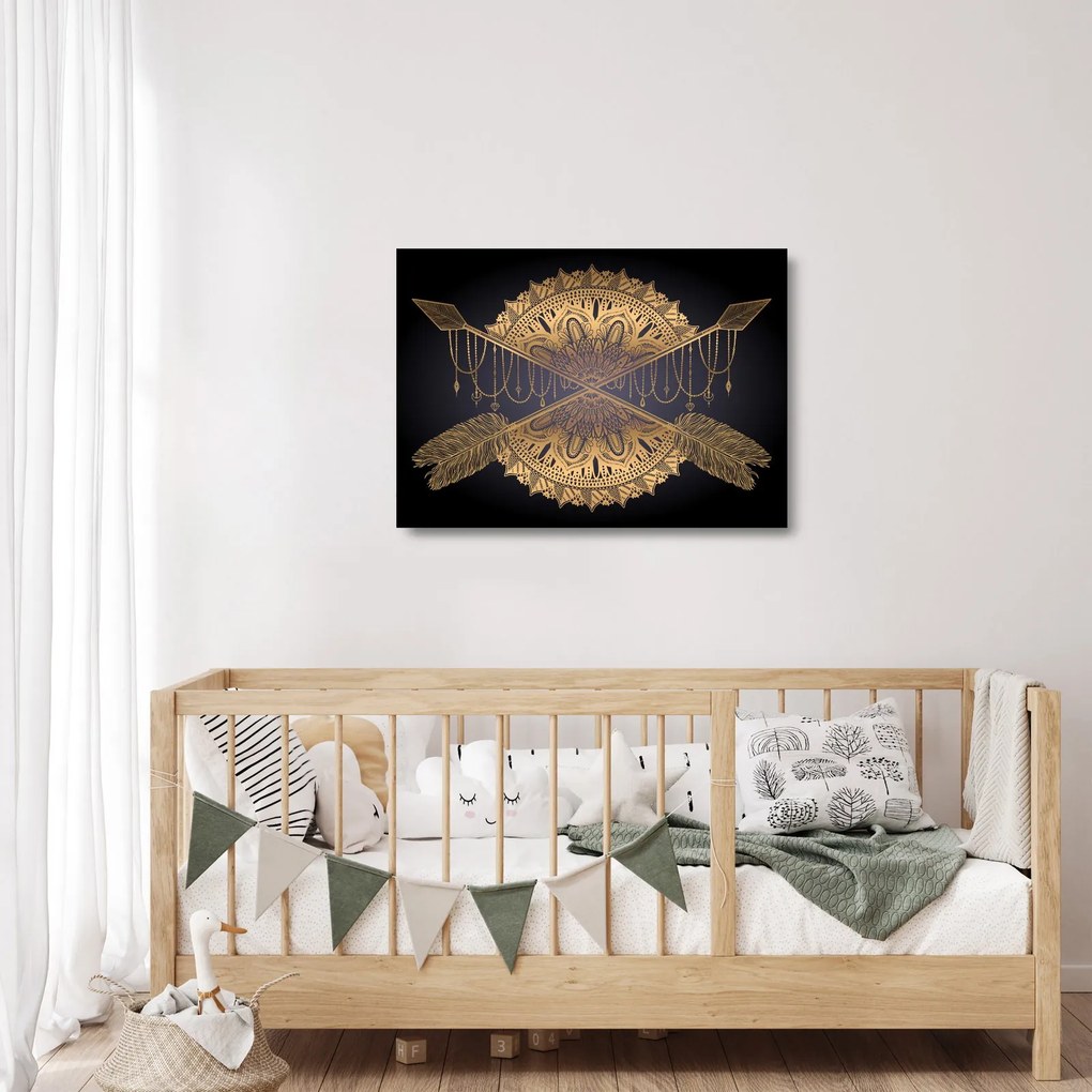 Kép - Arany mandala nyilakkal (üvegen) (70x50 cm)